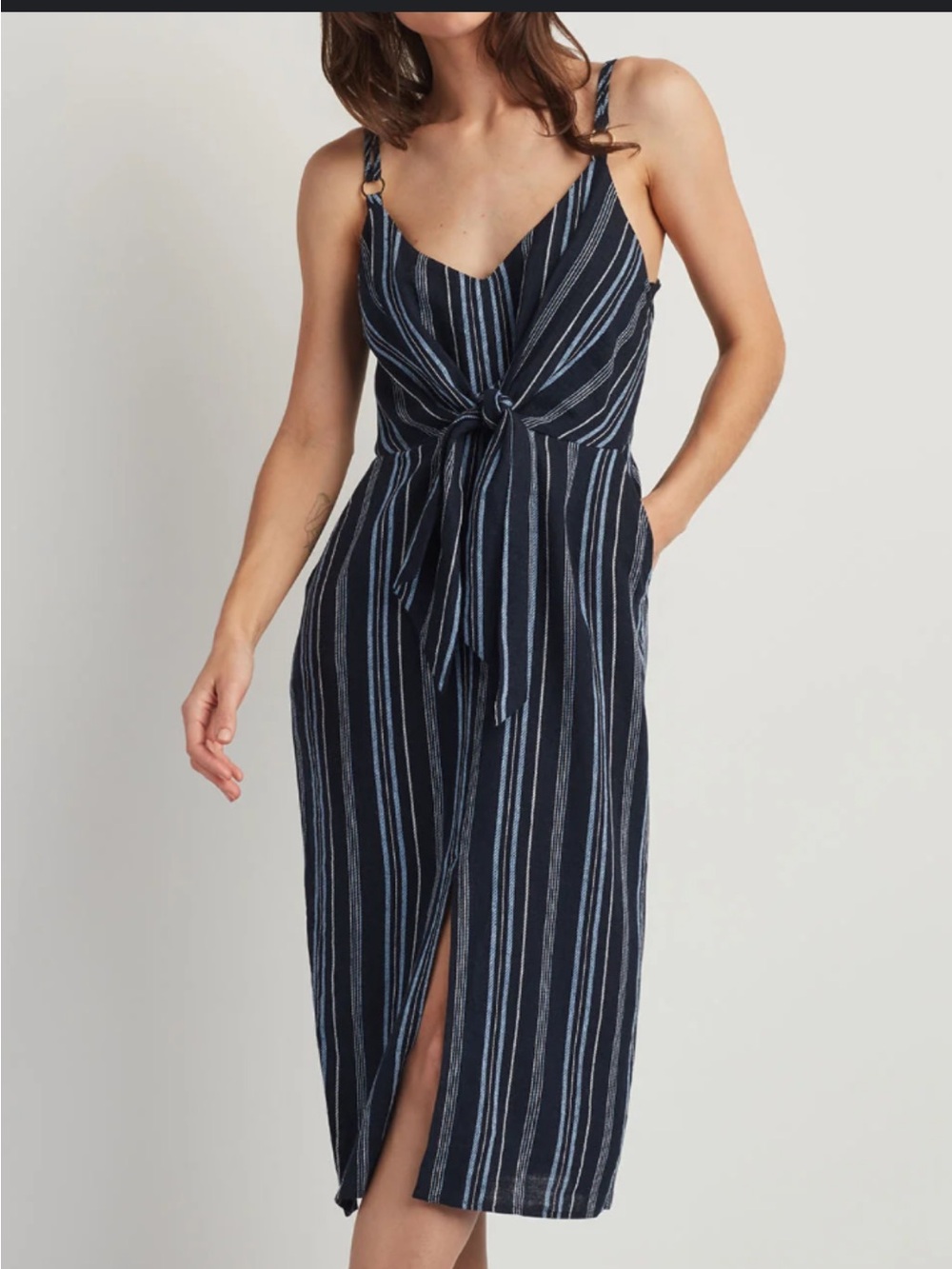 Ellen Tracy Navy and Light Blue Striped Tie-Front Midi Dress